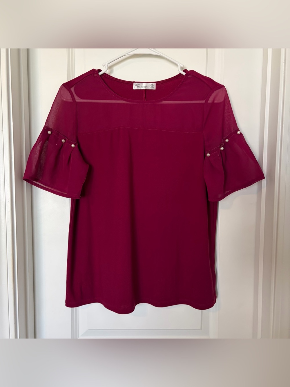 89th & Madison Berry Ruffle Sleeve Blouse with Pearl Accents
Size S